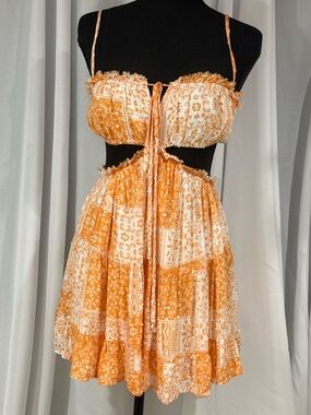 Sunrise Patchwork Cutout Mini Dress - Orange & White